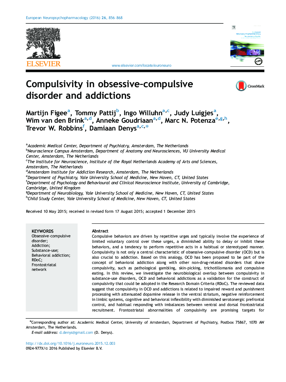 Compulsivity in obsessive-compulsive disorder and addictions