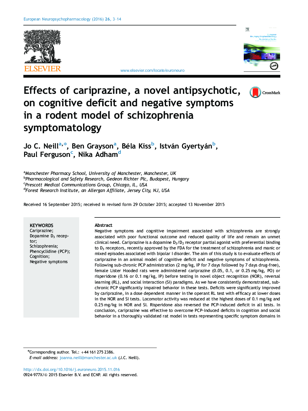 اثرات کایپرازین، ضد روانپریشی جدید بر کمبود شناختی و علائم منفی در یک مدل جوندگان علائم اسکیزوفرنی 