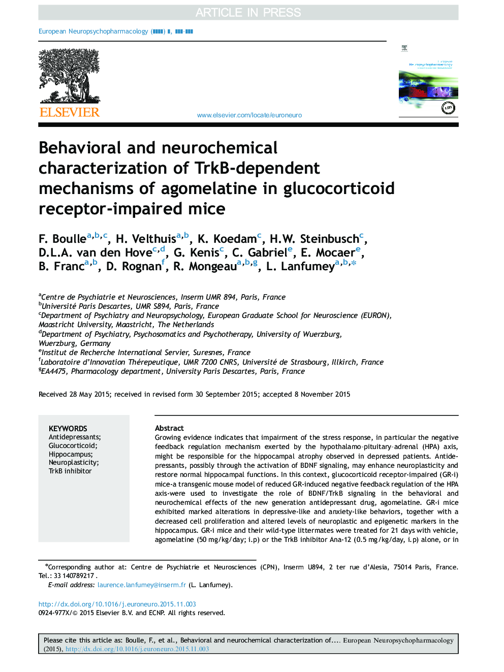 Behavioral and neurochemical characterization of TrkB-dependent mechanisms of agomelatine in glucocorticoid receptor-impaired mice