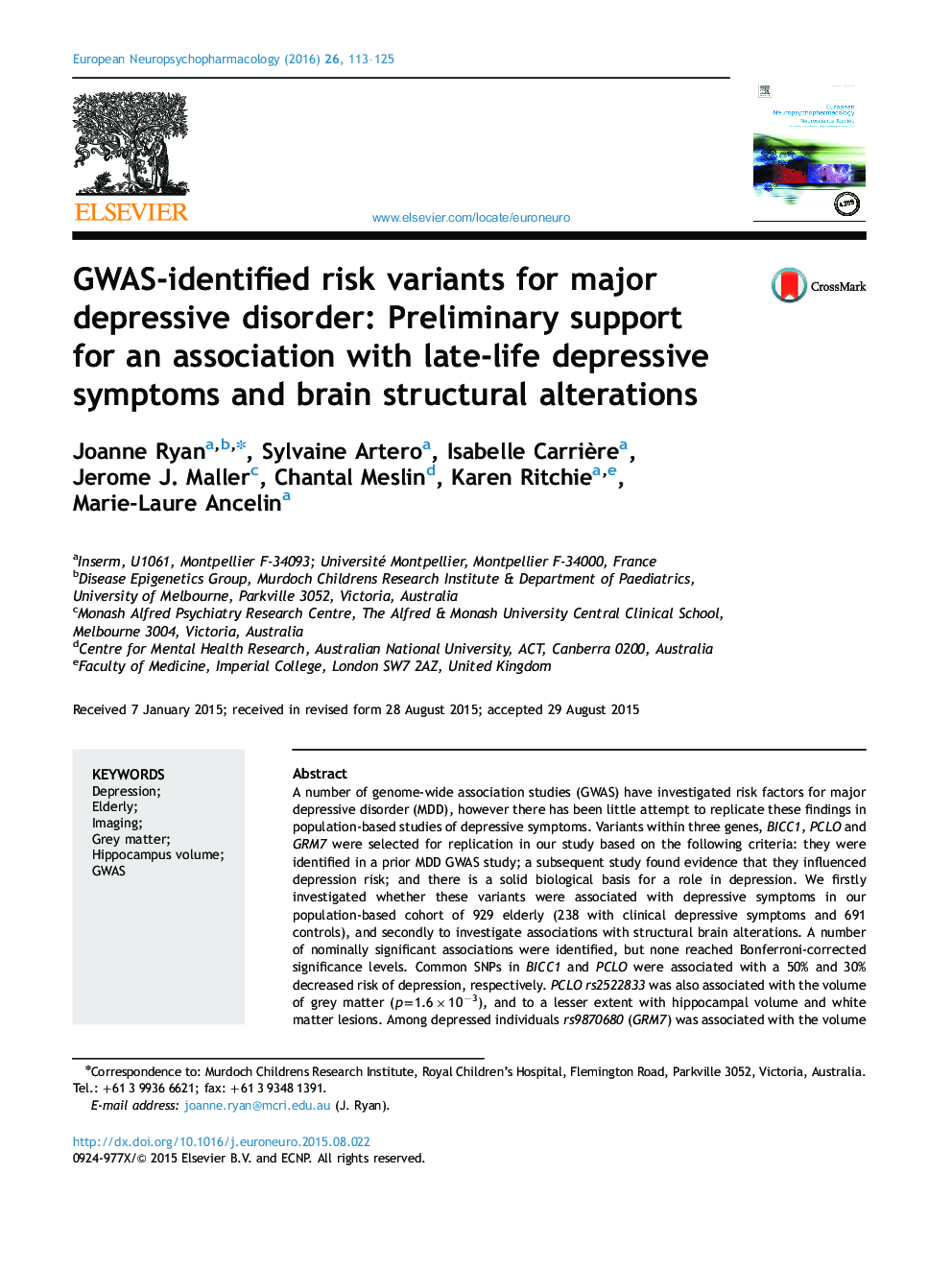 GWAS-identified risk variants for major depressive disorder: Preliminary support for an association with late-life depressive symptoms and brain structural alterations