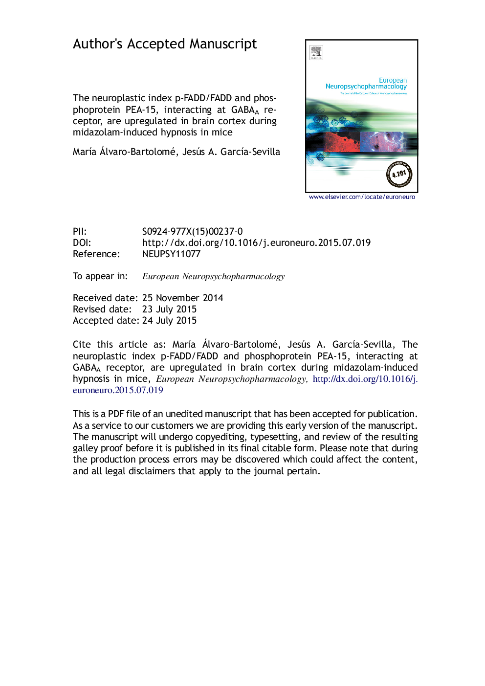 The neuroplastic index p-FADD/FADD and phosphoprotein PEA-15, interacting at GABAA receptor, are upregulated in brain cortex during midazolam-induced hypnosis in mice