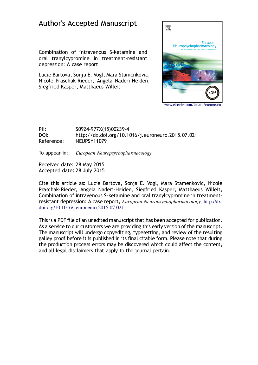 Combination of intravenous S-ketamine and oral tranylcypromine in treatment-resistant depression: A report of two cases