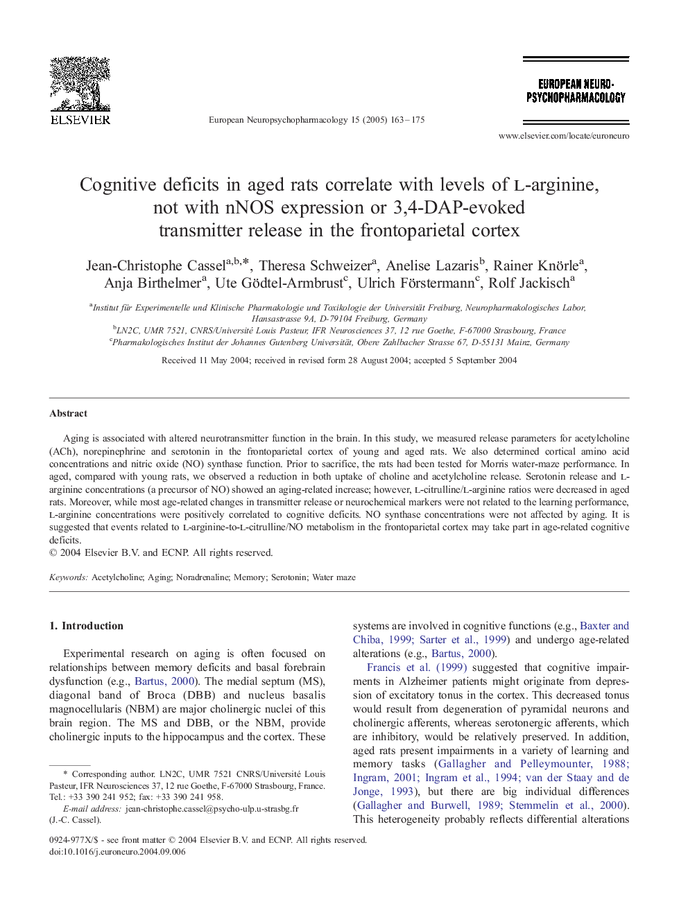 Cognitive deficits in aged rats correlate with levels of l-arginine, not with nNOS expression or 3,4-DAP-evoked transmitter release in the frontoparietal cortex