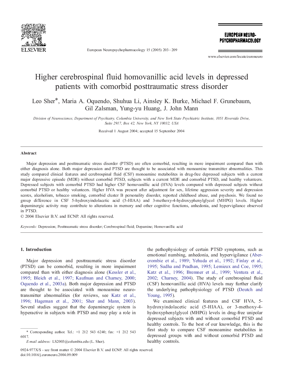 Higher cerebrospinal fluid homovanillic acid levels in depressed patients with comorbid posttraumatic stress disorder