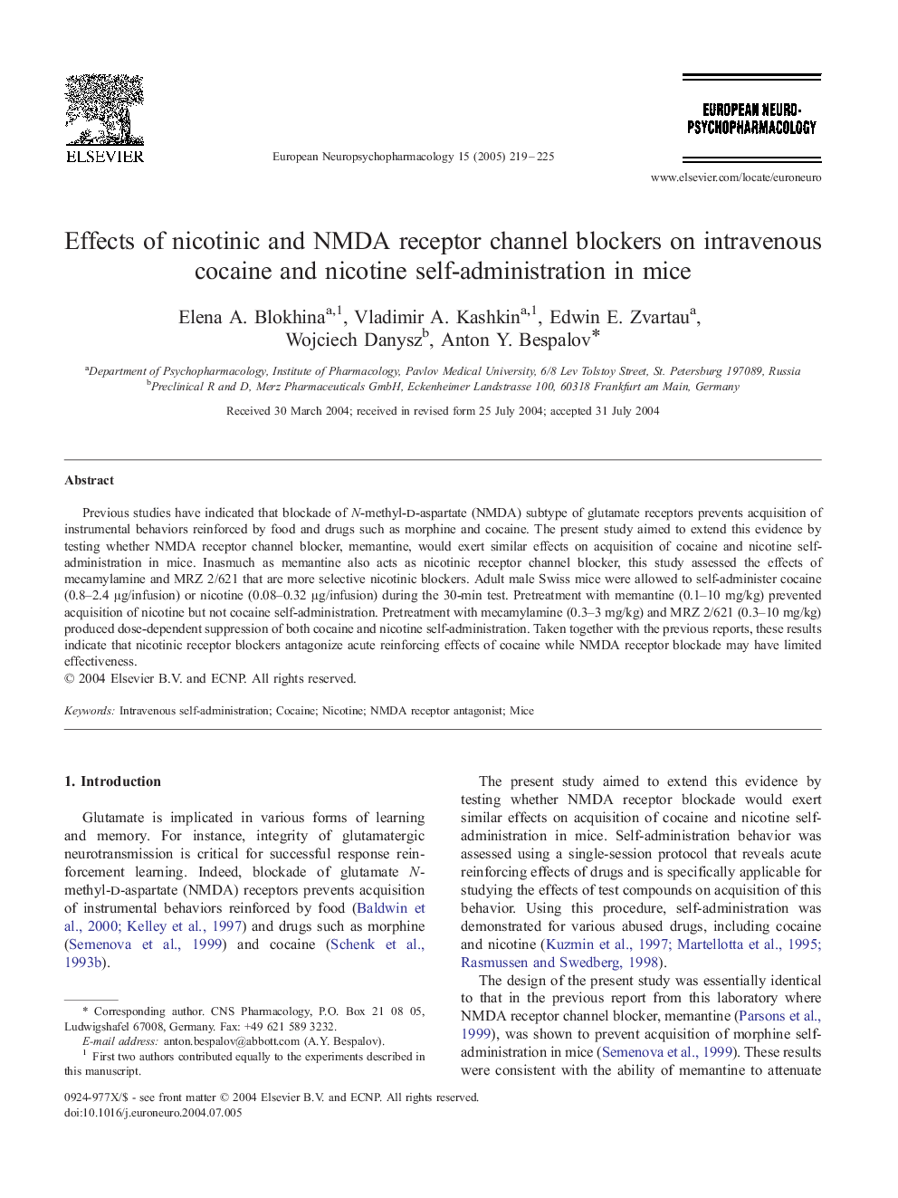 Effects of nicotinic and NMDA receptor channel blockers on intravenous cocaine and nicotine self-administration in mice