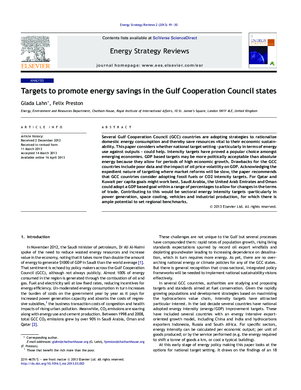 عکس صفحه اول مقاله: Targets to promote energy savings in the Gulf Cooperation Council states Targets to promote energy savings in the Gulf Cooperation Council states