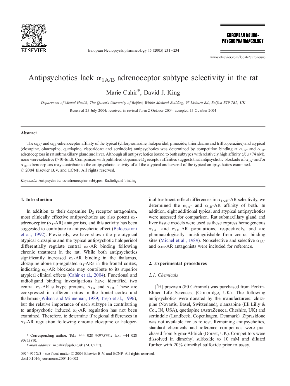 Antipsychotics lack Î±1A/B adrenoceptor subtype selectivity in the rat