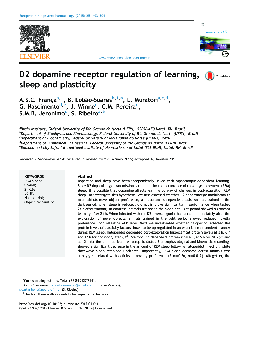 D2 dopamine receptor regulation of learning, sleep and plasticity