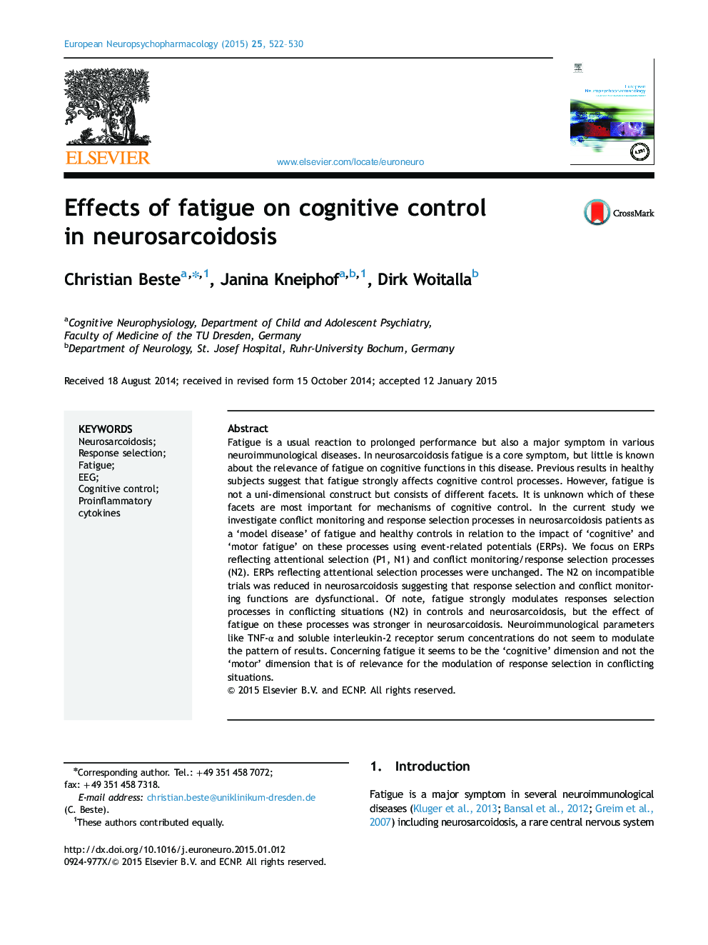 Effects of fatigue on cognitive control in neurosarcoidosis