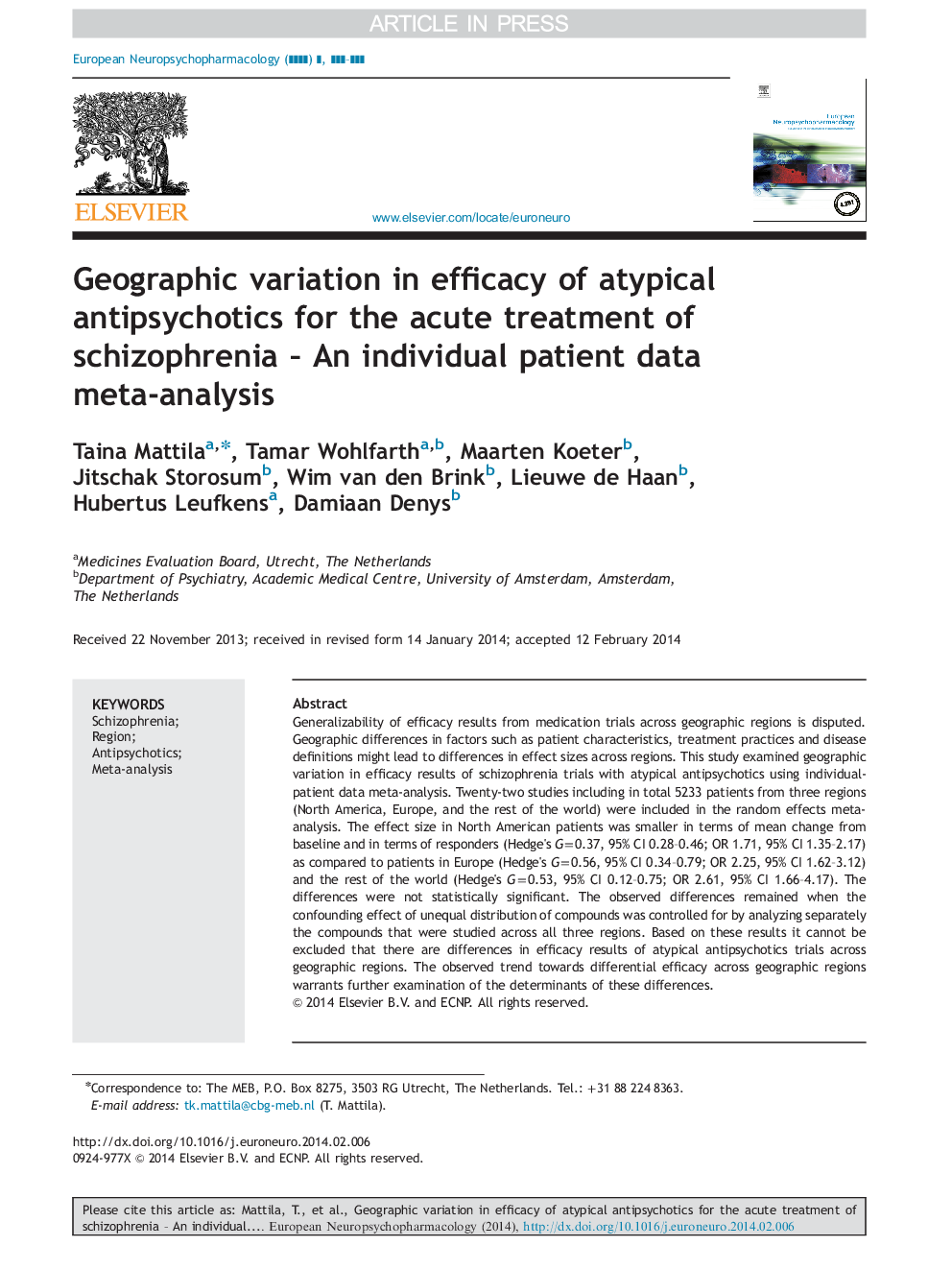 Geographic variation in efficacy of atypical antipsychotics for the acute treatment of schizophrenia - An individual patient data meta-analysis