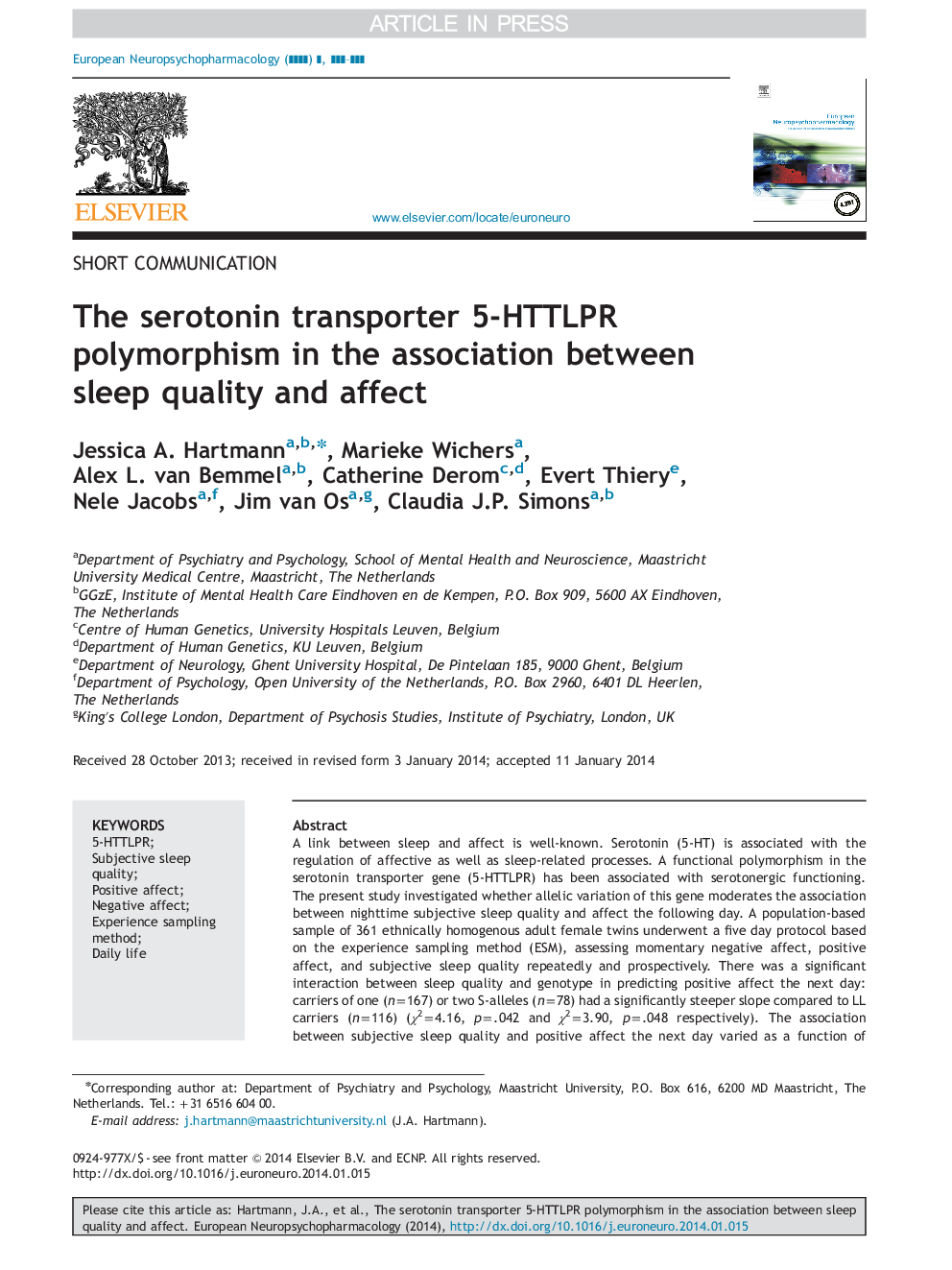 The serotonin transporter 5-HTTLPR polymorphism in the association between sleep quality and affect