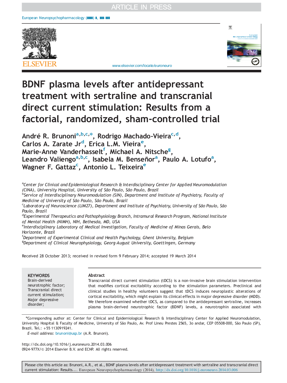 BDNF plasma levels after antidepressant treatment with sertraline and transcranial direct current stimulation: Results from a factorial, randomized, sham-controlled trial