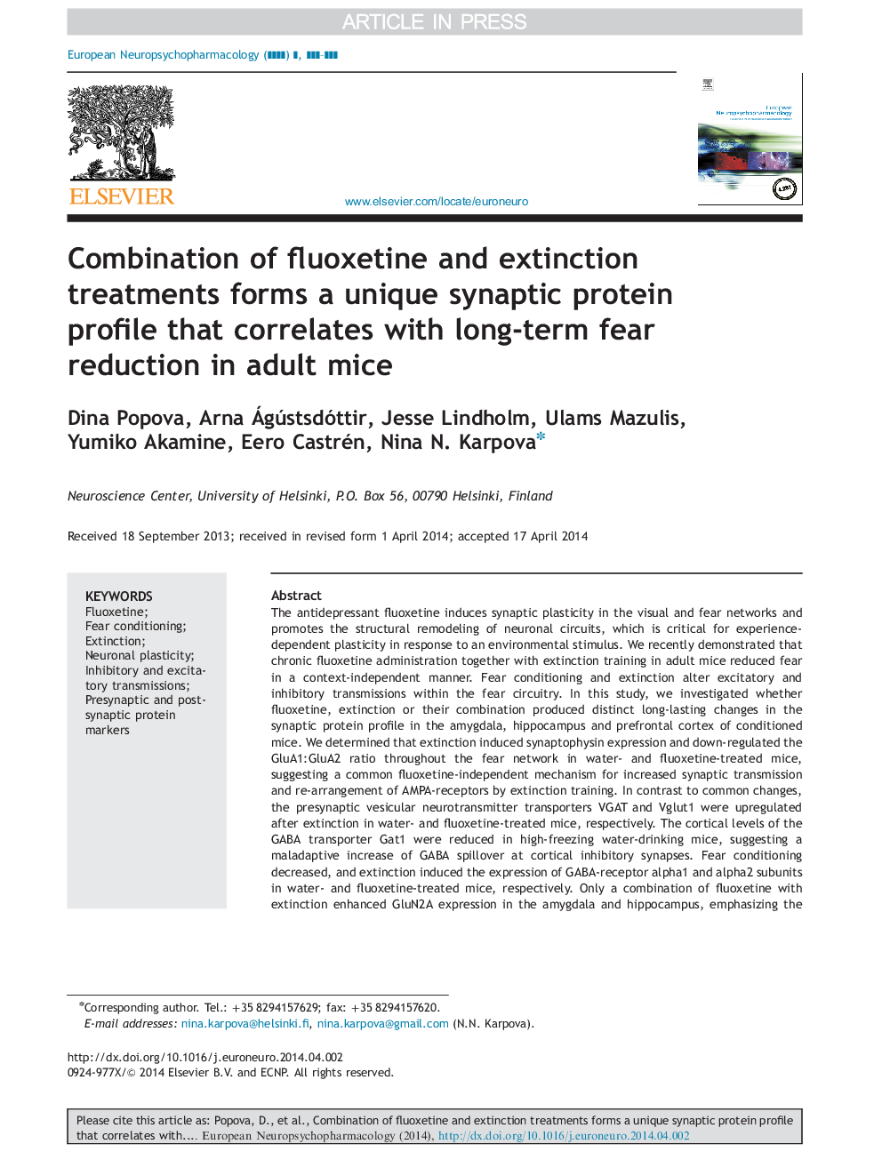 Combination of fluoxetine and extinction treatments forms a unique synaptic protein profile that correlates with long-term fear reduction in adult mice