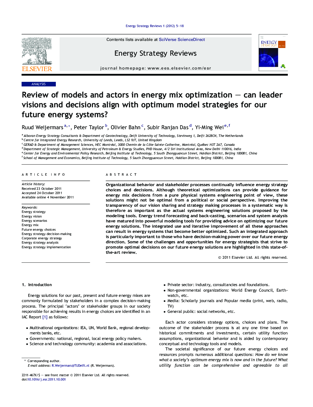 Review of models and actors in energy mix optimization – can leader visions and decisions align with optimum model strategies for our future energy systems?