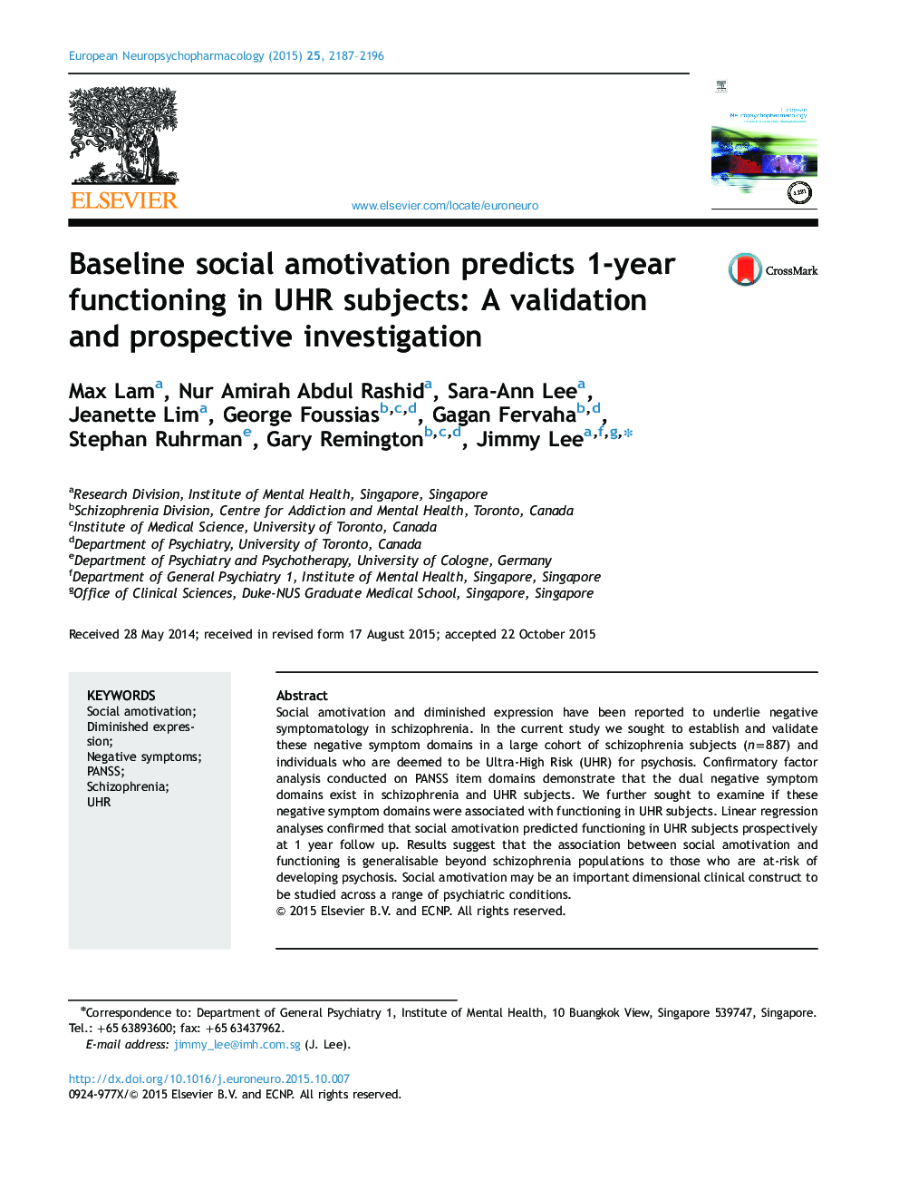 Baseline social amotivation predicts 1-year functioning in UHR subjects: A validation and prospective investigation