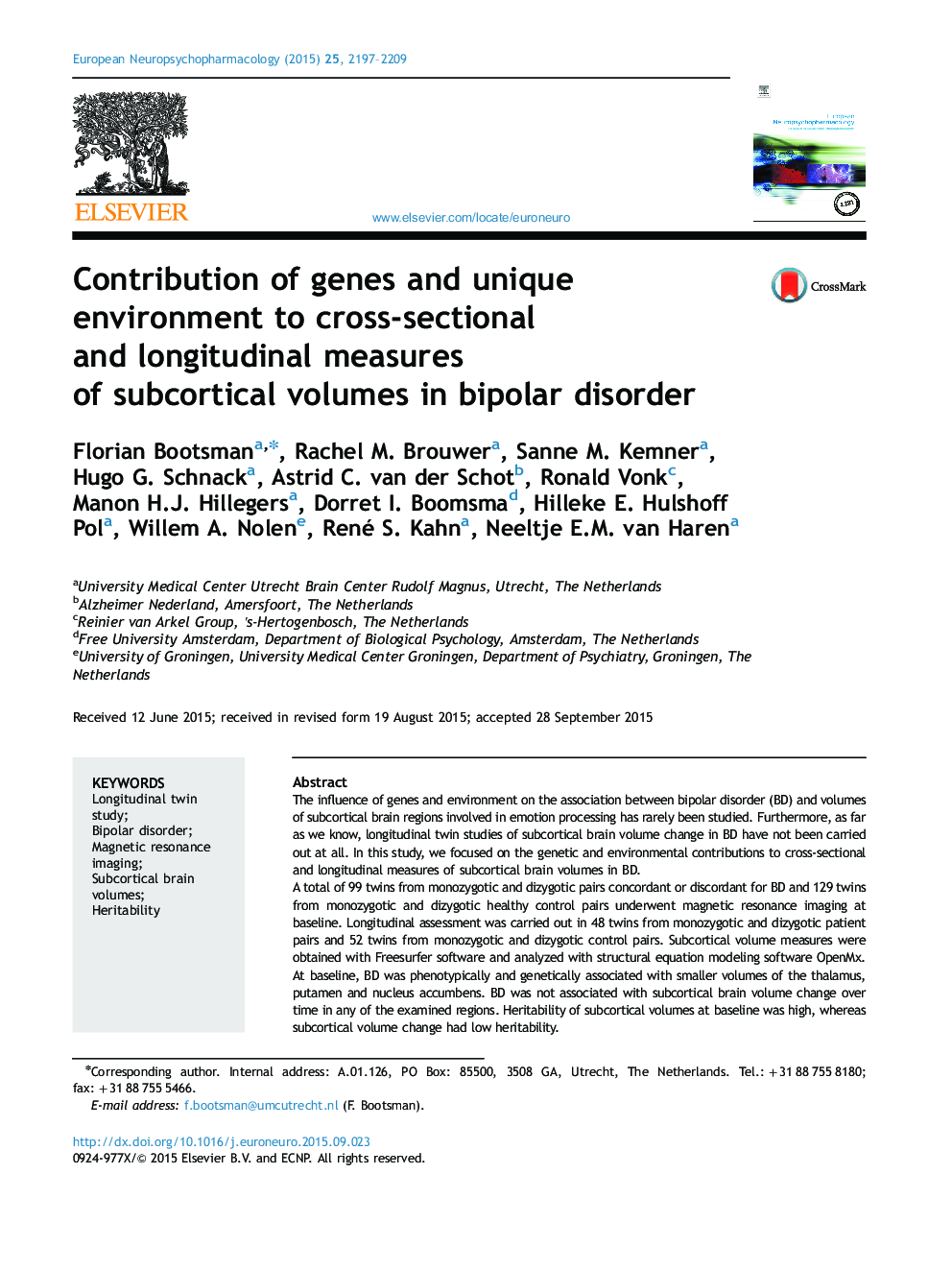 Contribution of genes and unique environment to cross-sectional and longitudinal measures of subcortical volumes in bipolar disorder