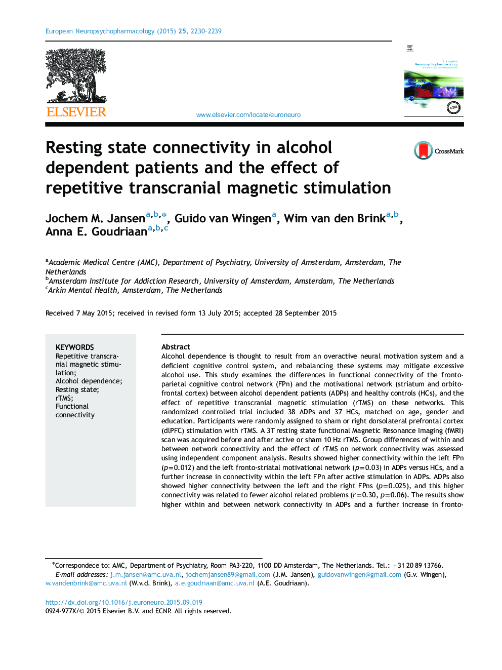 Resting state connectivity in alcohol dependent patients and the effect of repetitive transcranial magnetic stimulation