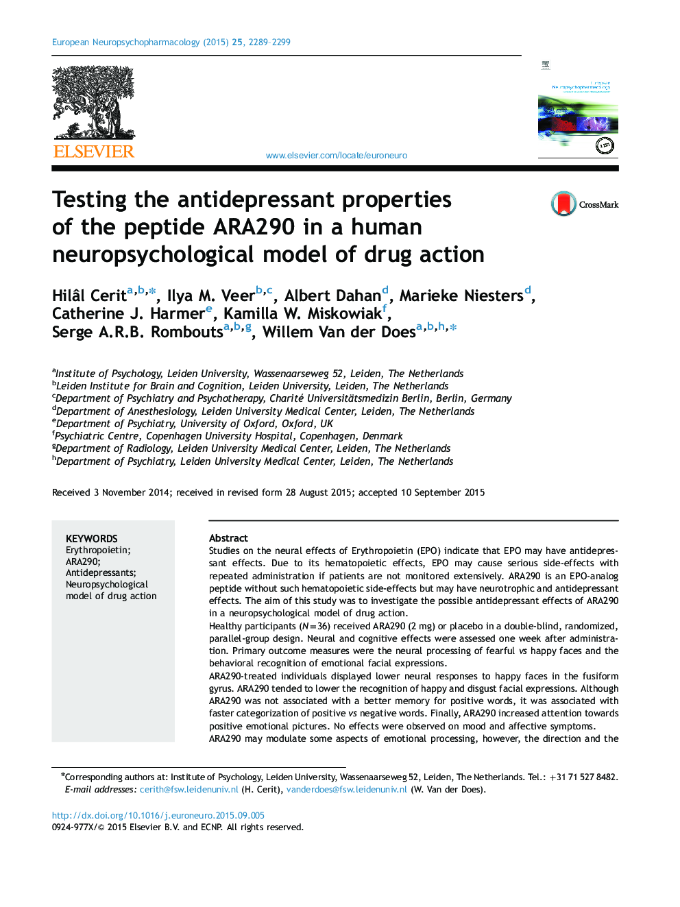 Testing the antidepressant properties of the peptide ARA290 in a human neuropsychological model of drug action