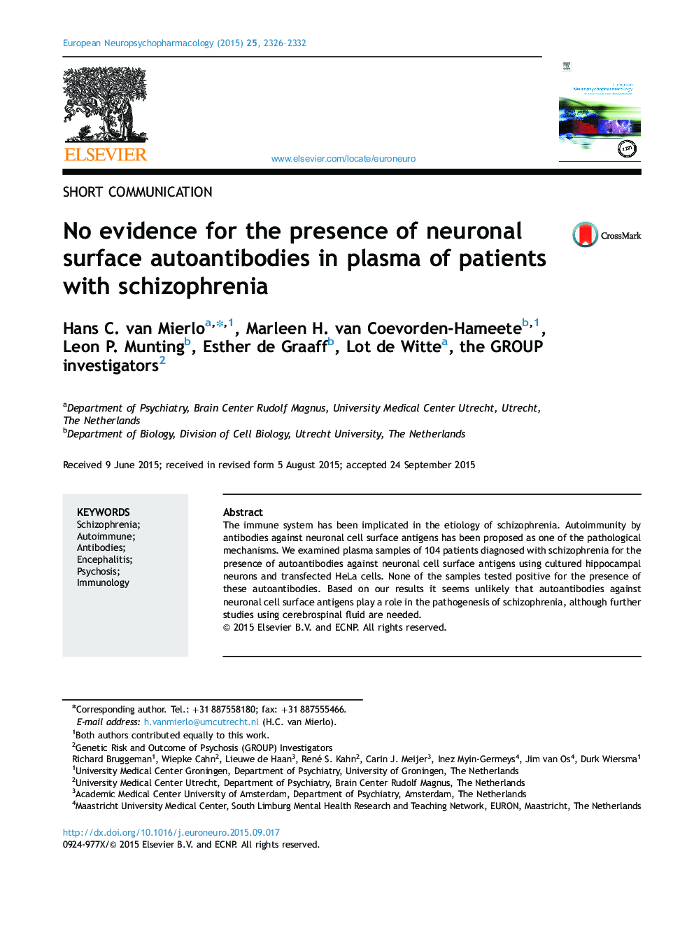 No evidence for the presence of neuronal surface autoantibodies in plasma of patients with schizophrenia