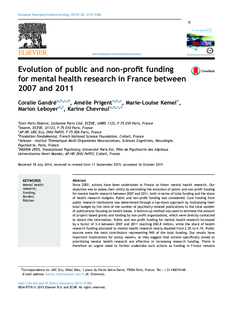 Evolution of public and non-profit funding for mental health research in France between 2007 and 2011