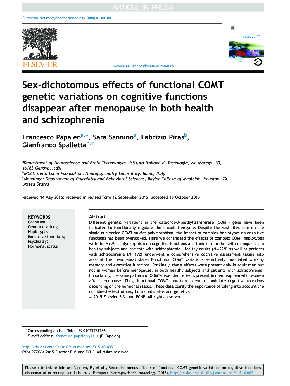 Sex-dichotomous effects of functional COMT genetic variations on cognitive functions disappear after menopause in both health and schizophrenia