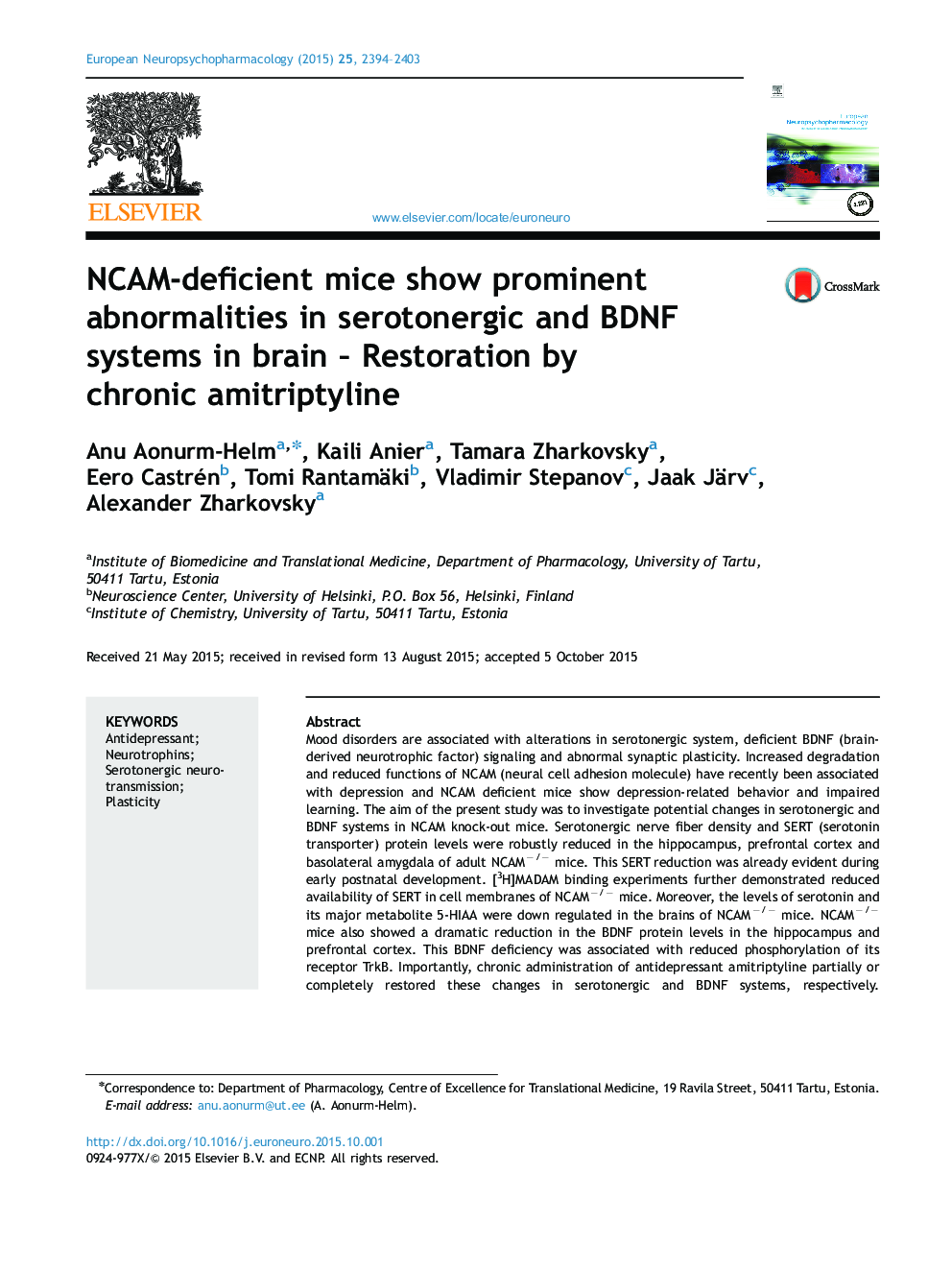 NCAM-deficient mice show prominent abnormalities in serotonergic and BDNF systems in brain - Restoration by chronic amitriptyline