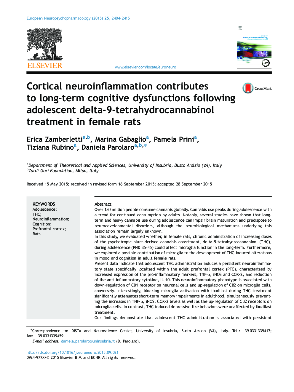 Cortical neuroinflammation contributes to long-term cognitive dysfunctions following adolescent delta-9-tetrahydrocannabinol treatment in female rats