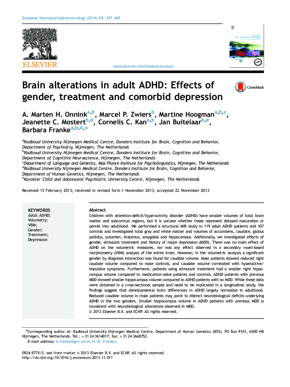 Brain alterations in adult ADHD: Effects of gender, treatment and comorbid depression