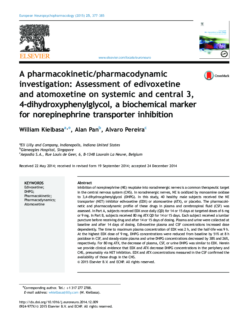 A pharmacokinetic/pharmacodynamic investigation: Assessment of edivoxetine and atomoxetine on systemic and central 3,4-dihydroxyphenylglycol, a biochemical marker for norepinephrine transporter inhibition