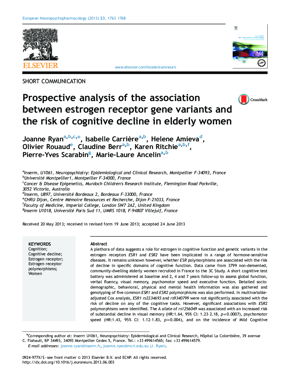 Prospective analysis of the association between estrogen receptor gene variants and the risk of cognitive decline in elderly women