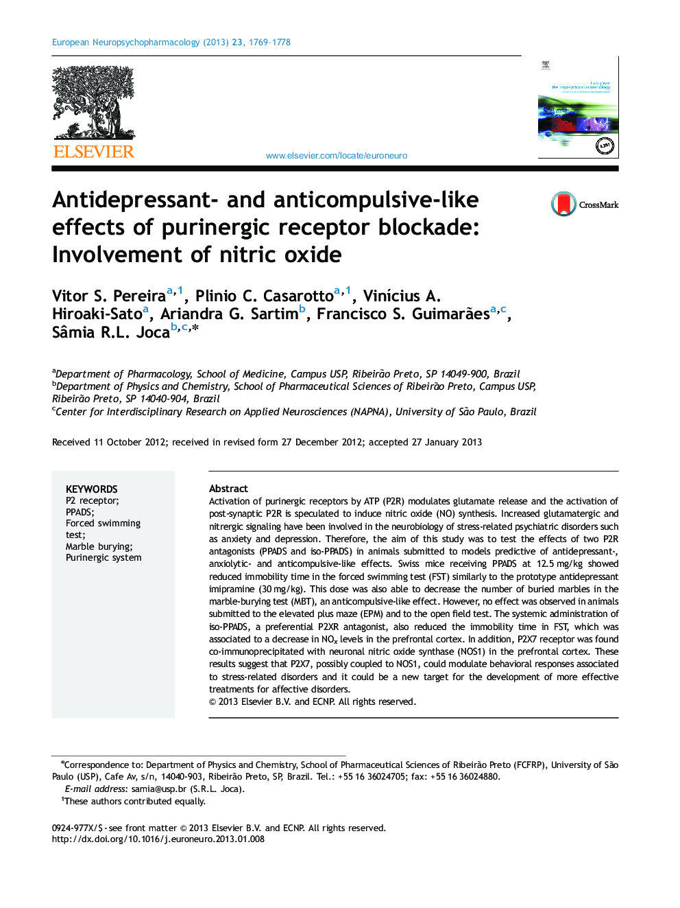 Antidepressant- and anticompulsive-like effects of purinergic receptor blockade: Involvement of nitric oxide