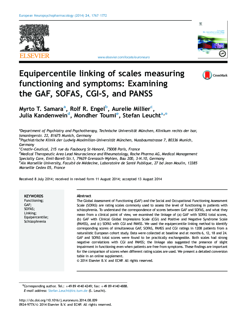Equipercentile linking of scales measuring functioning and symptoms: Examining the GAF, SOFAS, CGI-S, and PANSS