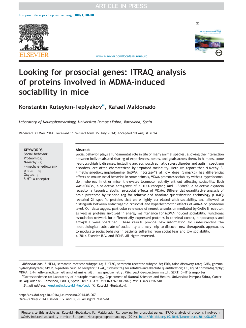 Looking for prosocial genes: ITRAQ analysis of proteins involved in MDMA-induced sociability in mice