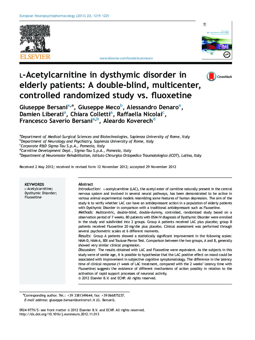l-Acetylcarnitine in dysthymic disorder in elderly patients: A double-blind, multicenter, controlled randomized study vs. fluoxetine