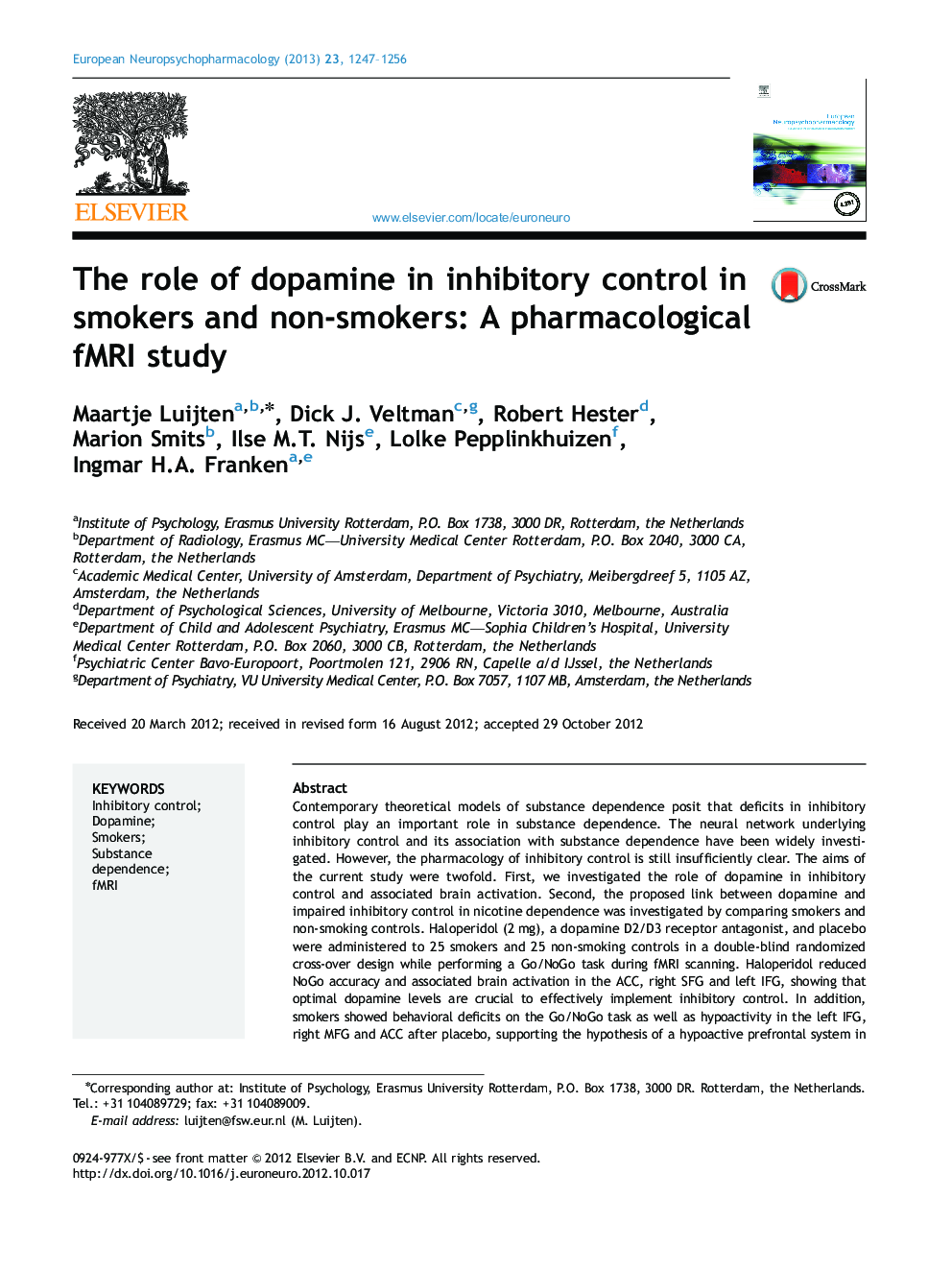 The role of dopamine in inhibitory control in smokers and non-smokers: A pharmacological fMRI study