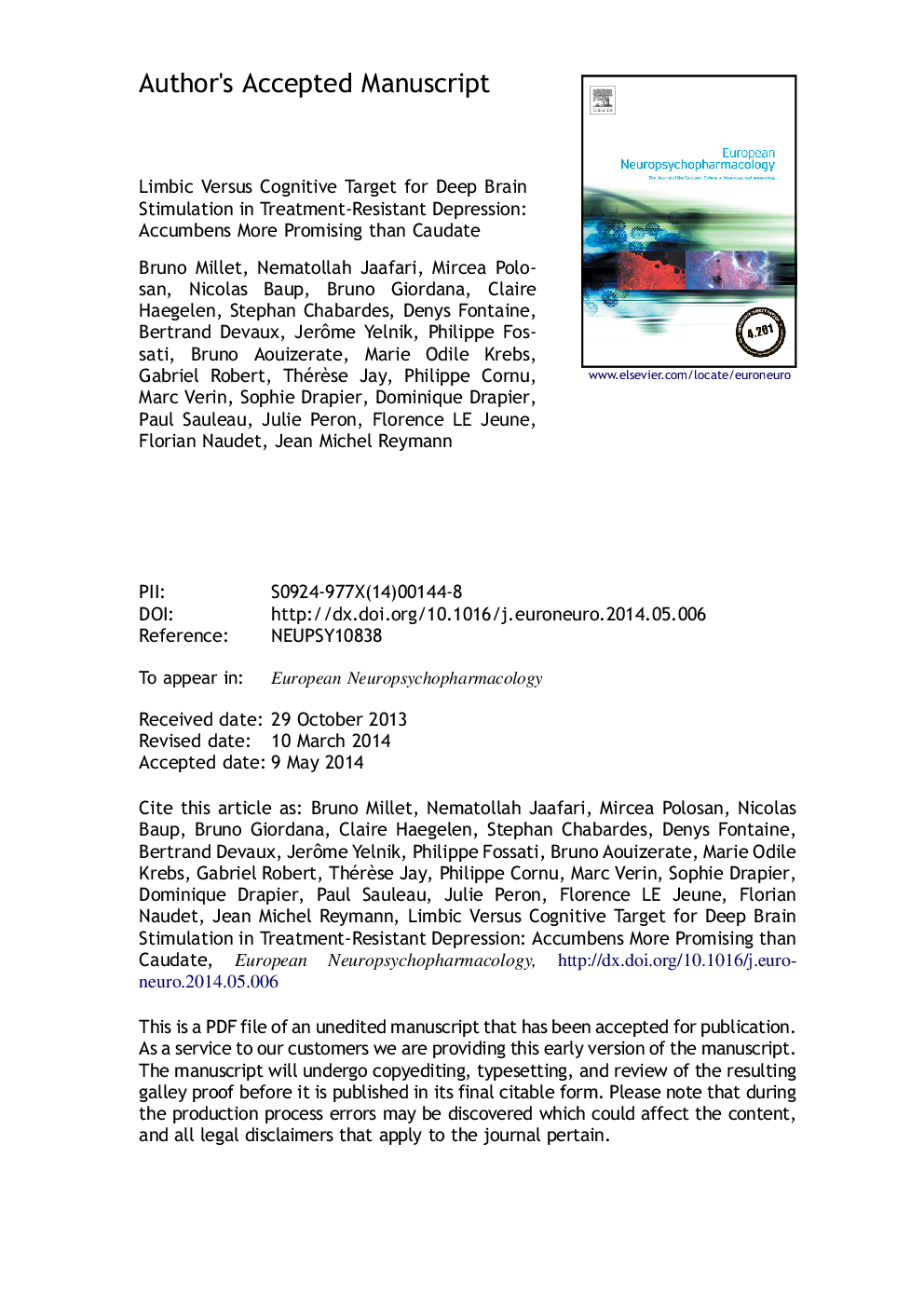 Limbic versus cognitive target for deep brain stimulation in treatment-resistant depression: Accumbens more promising than caudate