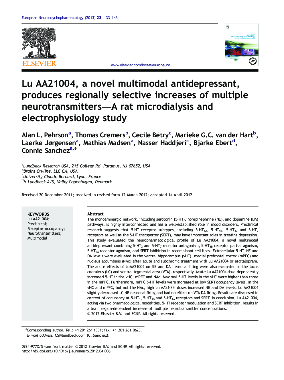 Lu AA21004, a novel multimodal antidepressant, produces regionally selective increases of multiple neurotransmitters-A rat microdialysis and electrophysiology study