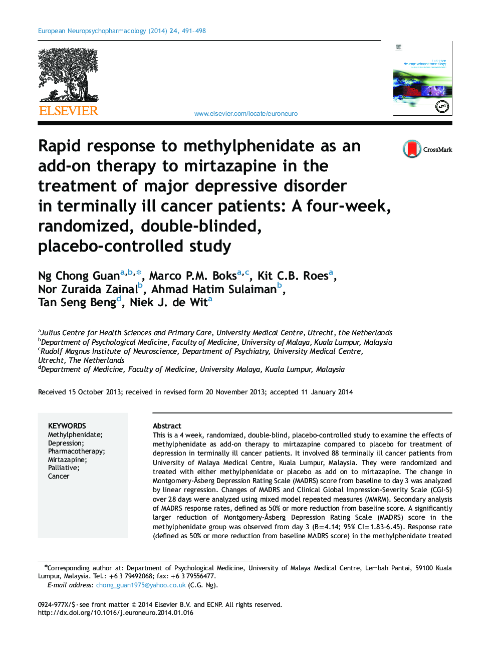 Rapid response to methylphenidate as an add-on therapy to mirtazapine in the treatment of major depressive disorder in terminally ill cancer patients: A four-week, randomized, double-blinded, placebo-controlled study