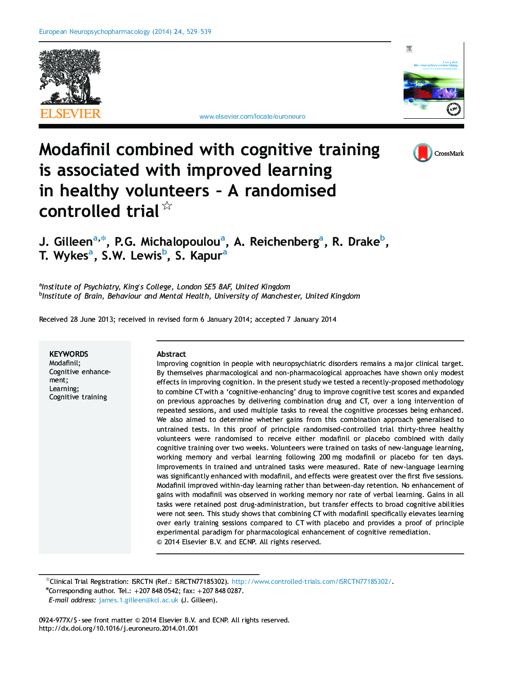 Modafinil combined with cognitive training is associated with improved learning in healthy volunteers - A randomised controlled trial