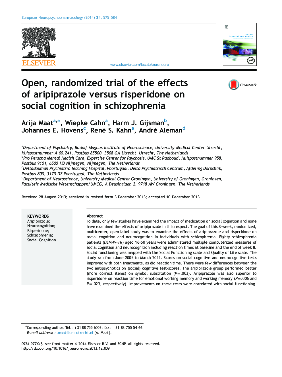 Open, randomized trial of the effects of aripiprazole versus risperidone on social cognition in schizophrenia
