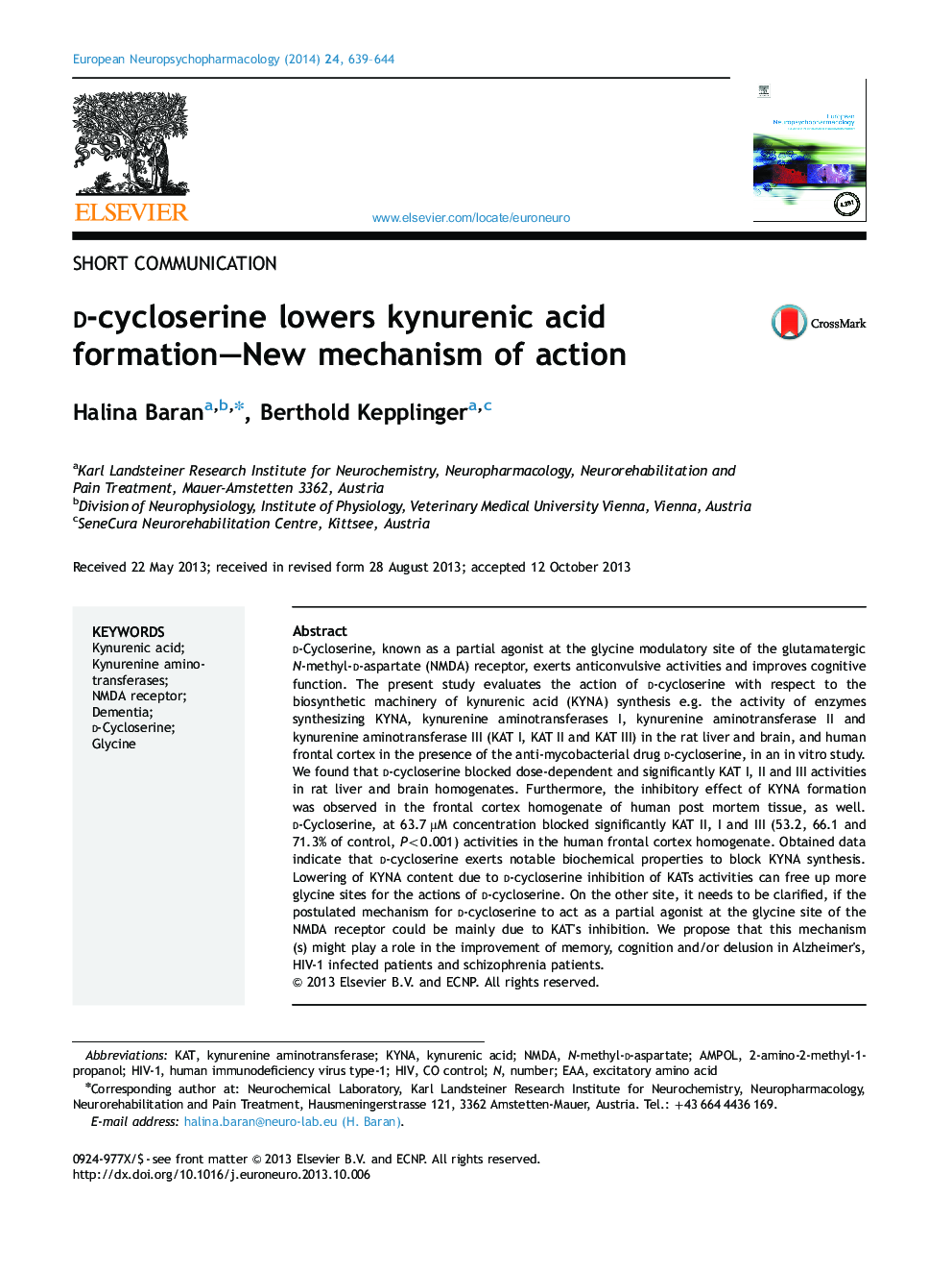d-cycloserine lowers kynurenic acid formation-New mechanism of action
