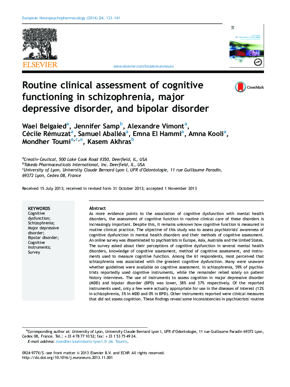 Routine clinical assessment of cognitive functioning in schizophrenia, major depressive disorder, and bipolar disorder