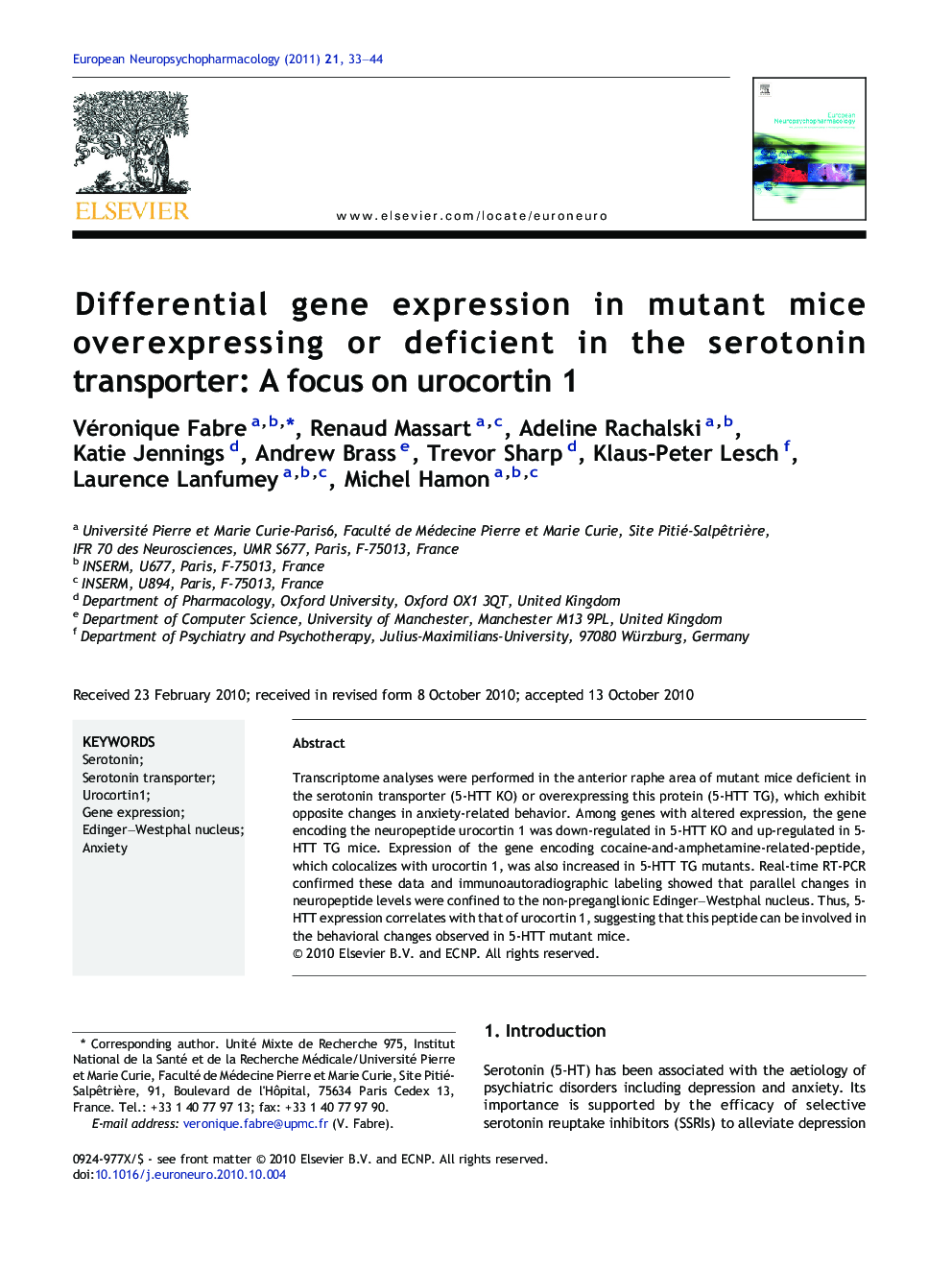 Differential gene expression in mutant mice overexpressing or deficient in the serotonin transporter: A focus on urocortin 1