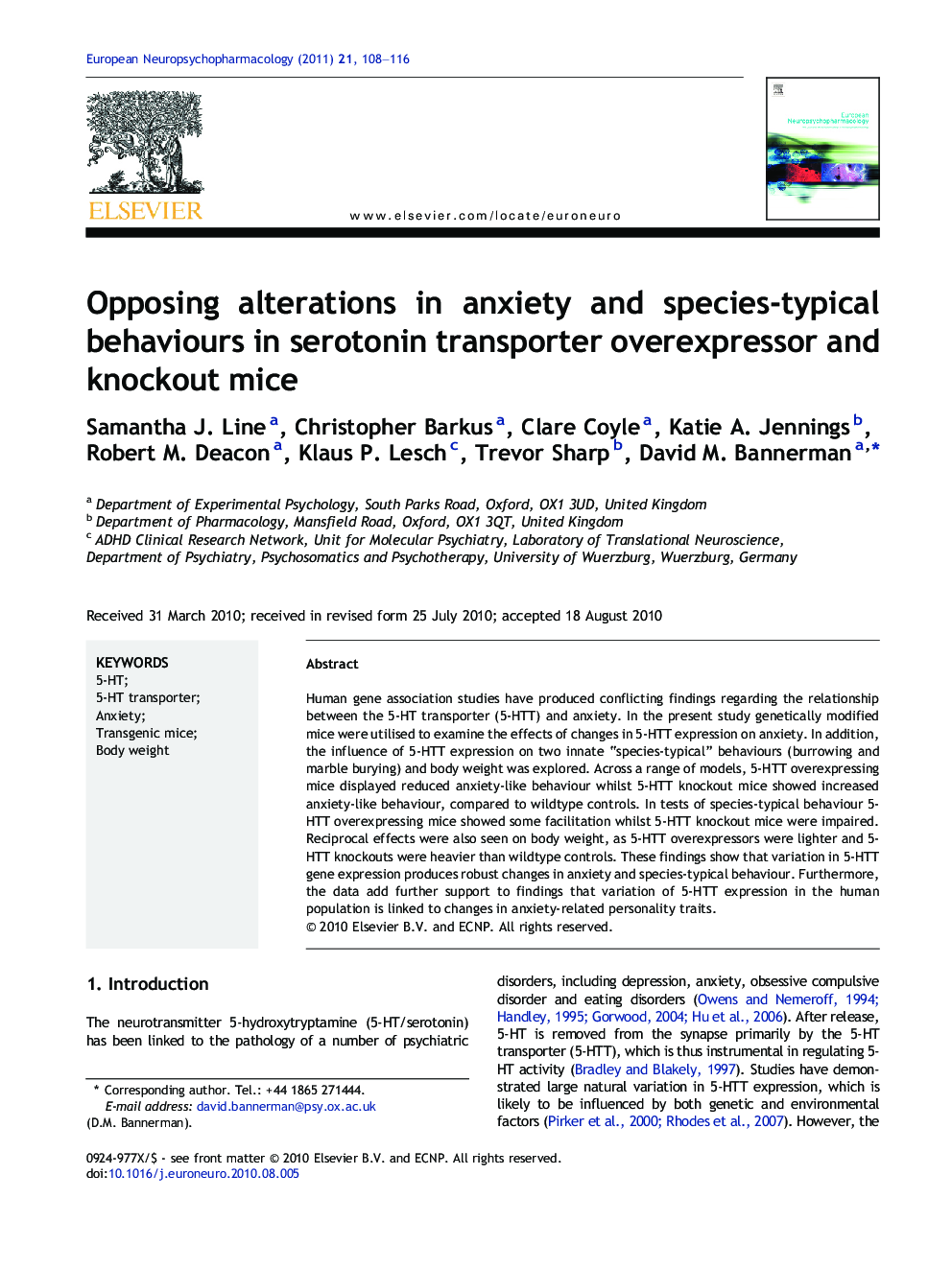 Opposing alterations in anxiety and species-typical behaviours in serotonin transporter overexpressor and knockout mice