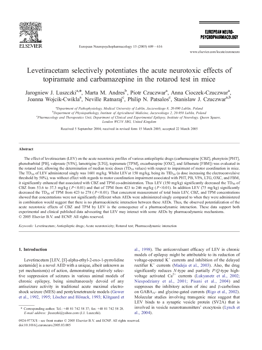 Levetiracetam selectively potentiates the acute neurotoxic effects of topiramate and carbamazepine in the rotarod test in mice