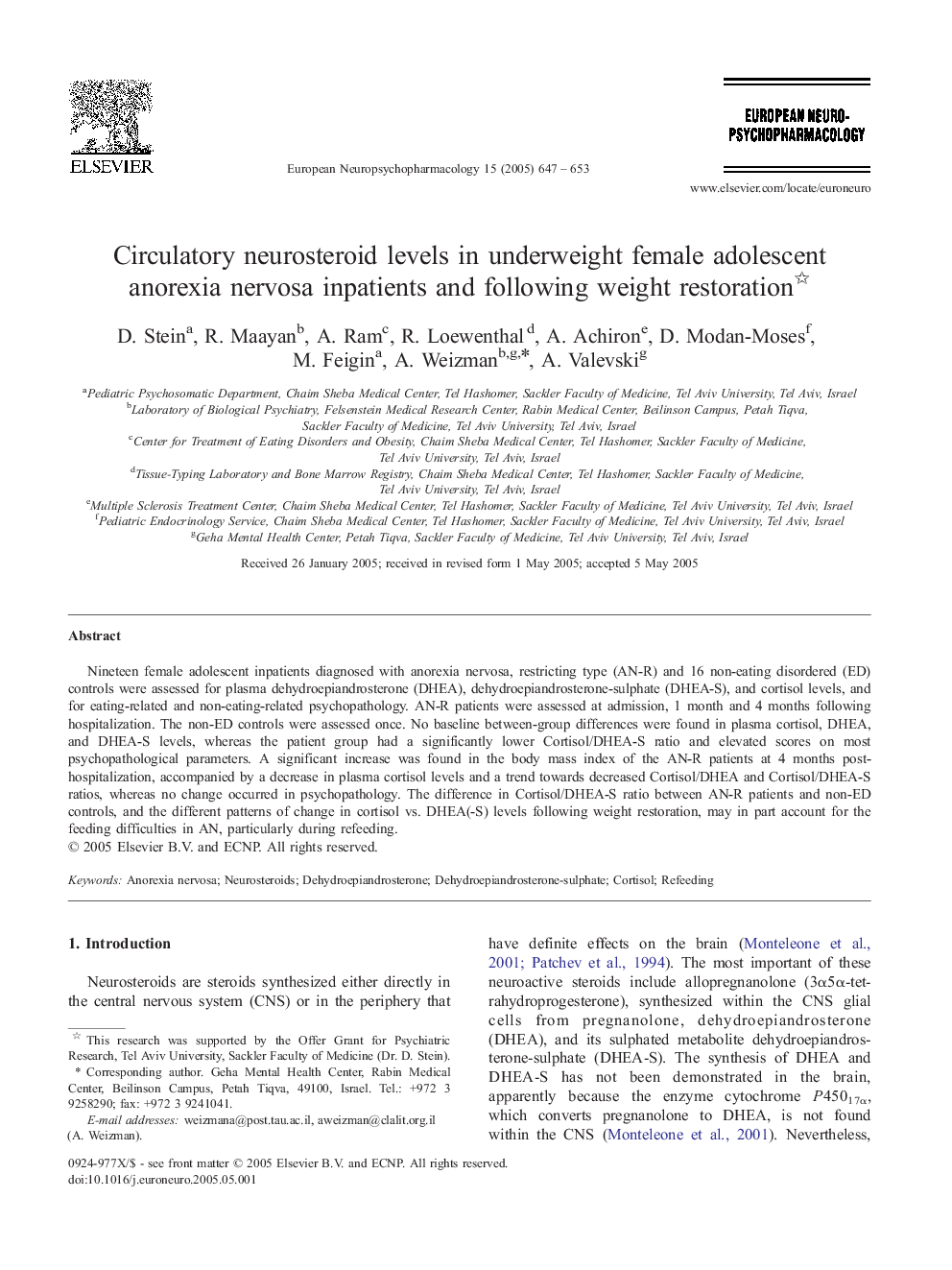 Circulatory neurosteroid levels in underweight female adolescent anorexia nervosa inpatients and following weight restoration