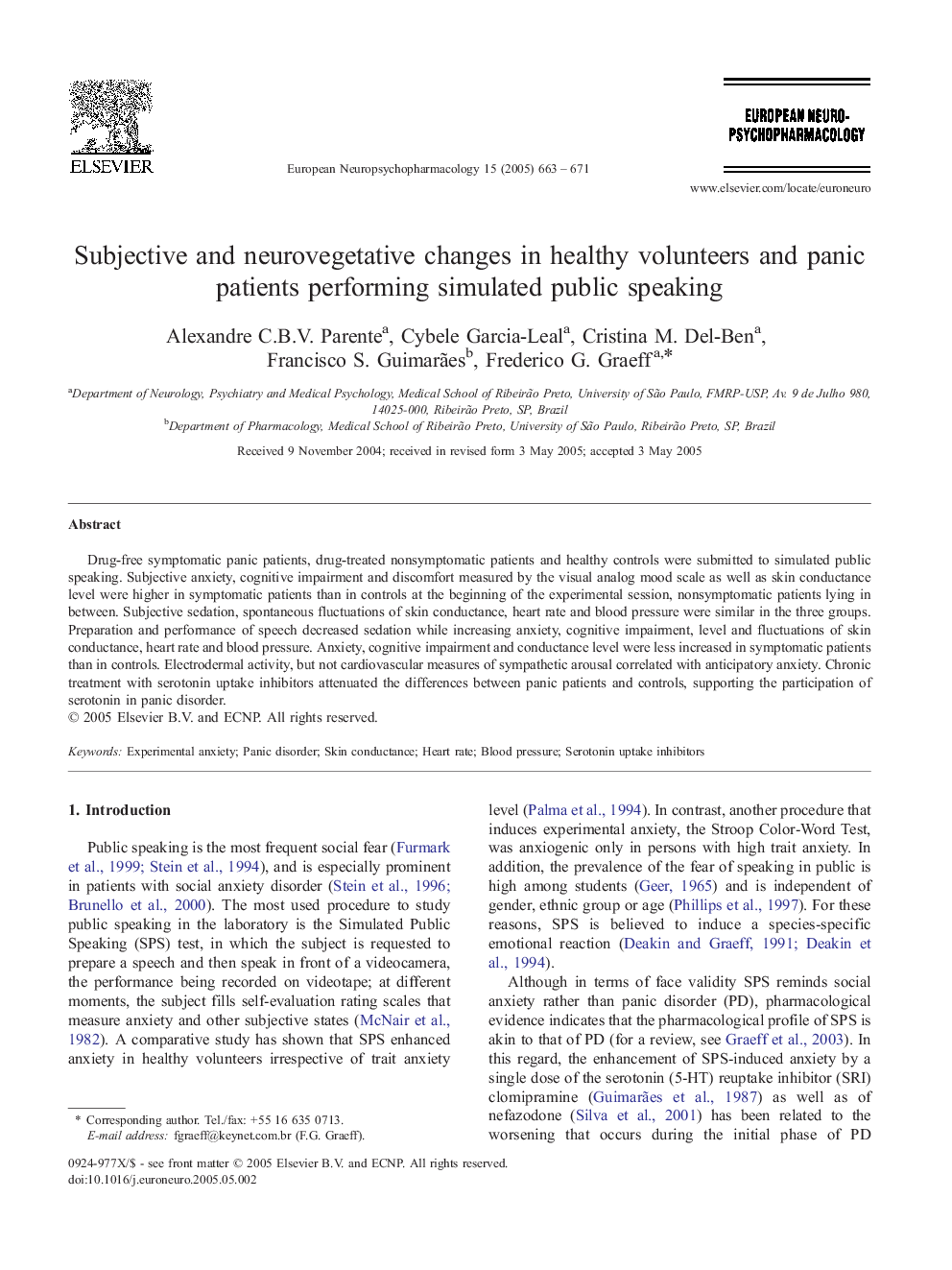 Subjective and neurovegetative changes in healthy volunteers and panic patients performing simulated public speaking