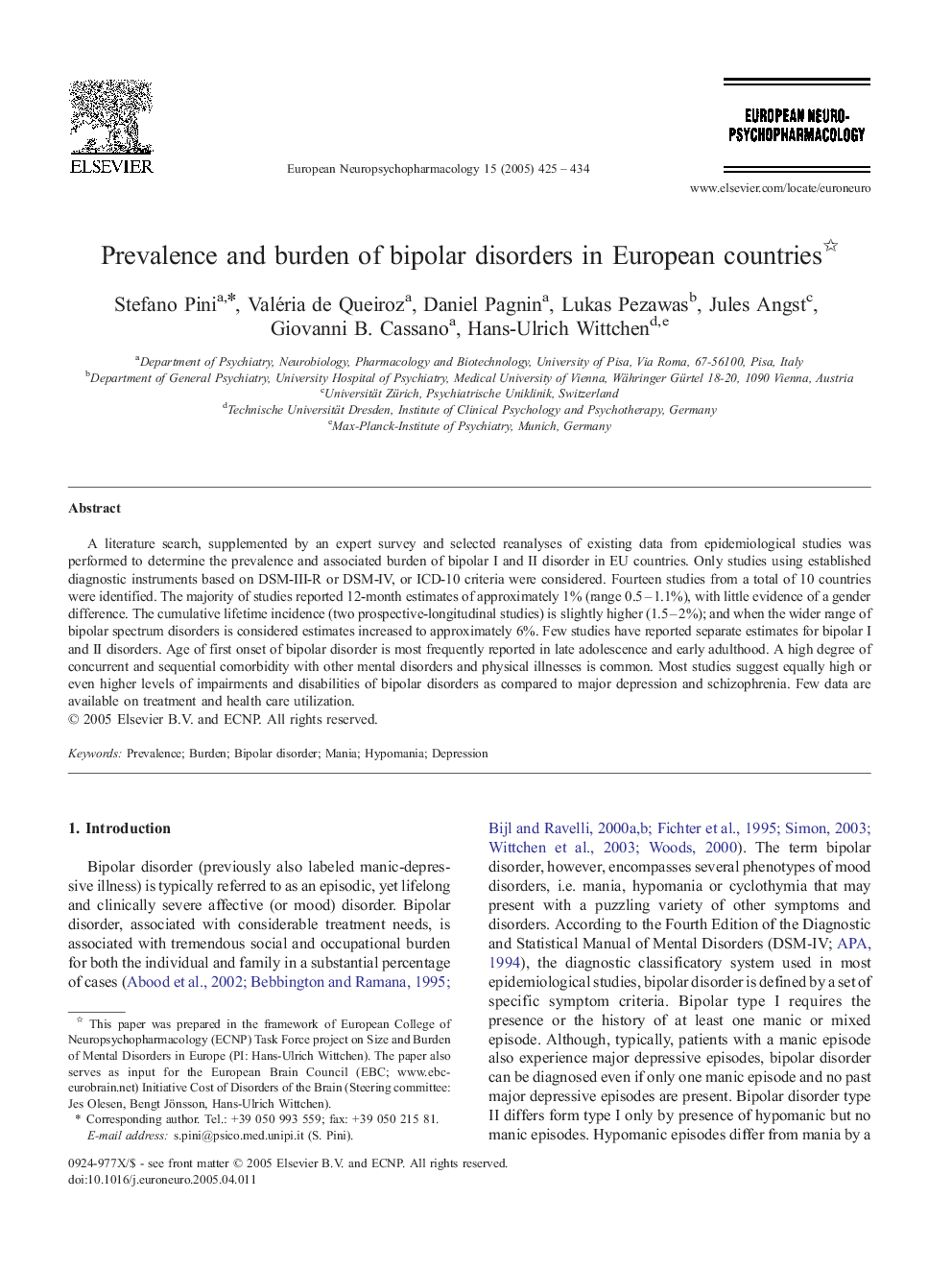 Prevalence and burden of bipolar disorders in European countries