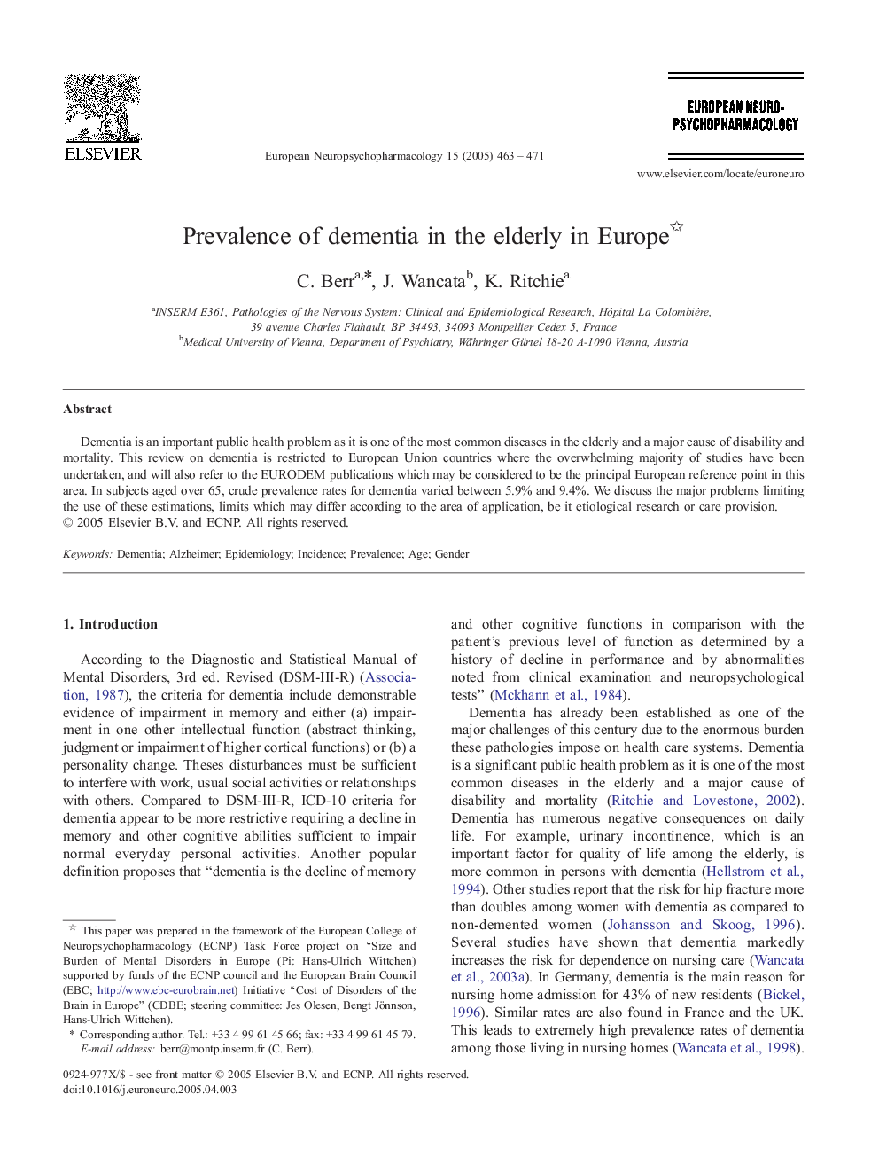 Prevalence of dementia in the elderly in Europe