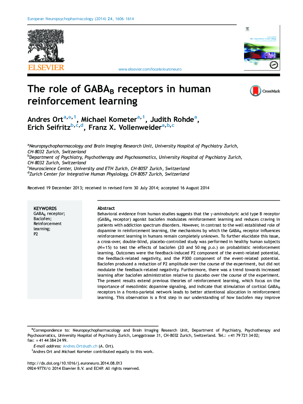 The role of GABAB receptors in human reinforcement learning